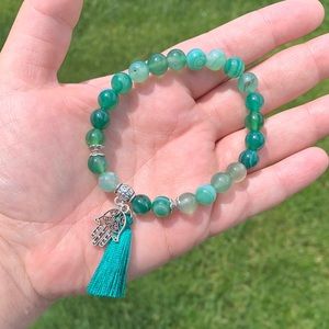 Lucky Green Glass Beaded Hamsa Tassel Bracelet